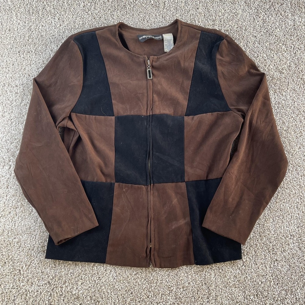 Vintage Sag Harbor Dress Jacket Womens 10P Brown Geometric Colorblock Full Zip